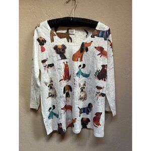 Et’ Lois Women Canines Galore Soft Knit Top Small White 3/4 Sleeve U-Neck Casual